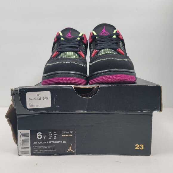 Air Jordan 4 Retro 30th GG Youth Black Pink Neon Sneakers 705344-027 US Size 6Y - Picture 2 of 10